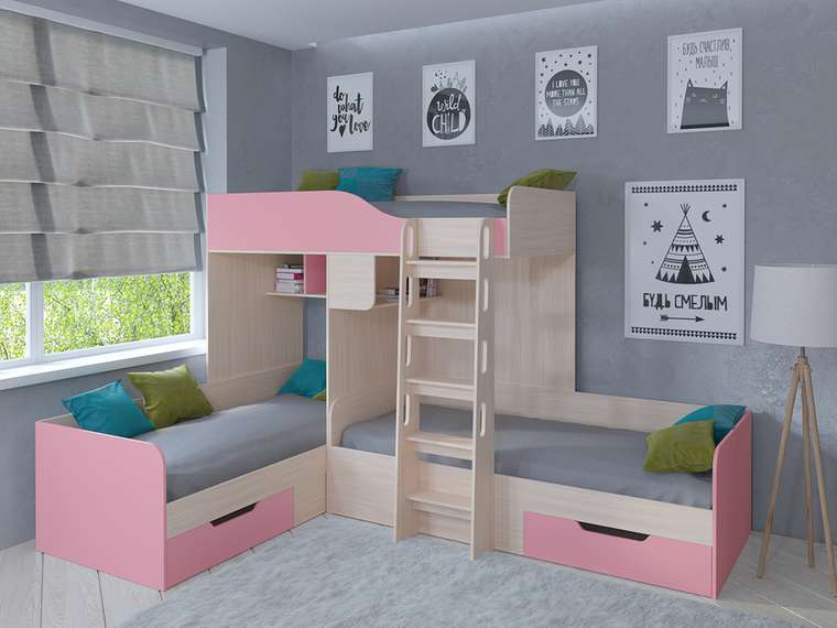 Двухъярусная кровать Трио 80х190 цвета Дуб молочный-розовый