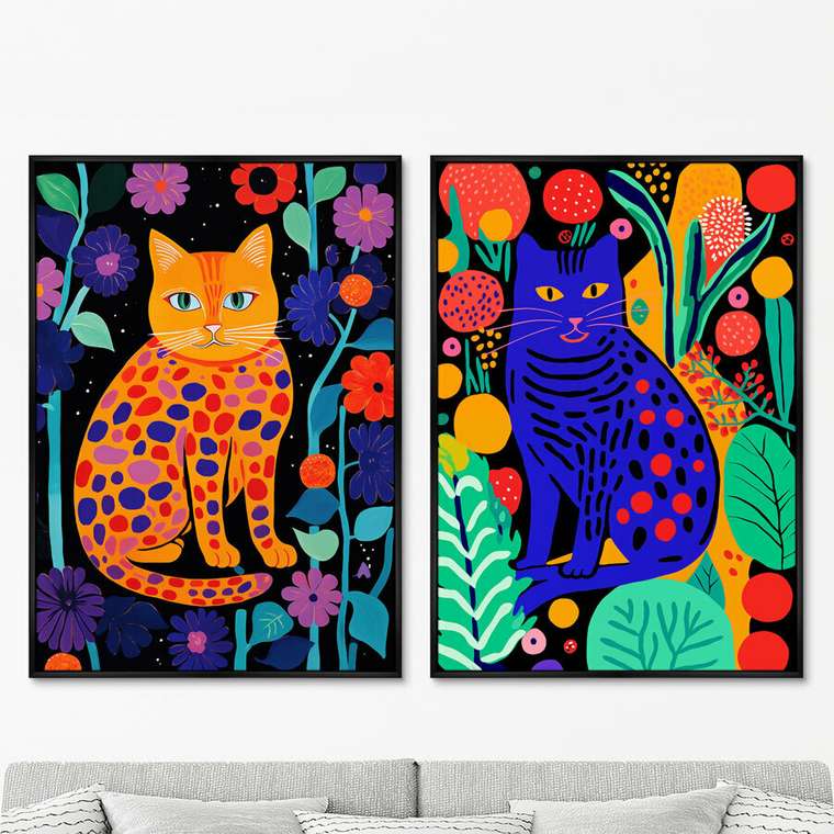 Набор из двух репродукций картин Kitties in flowers, 2024г.