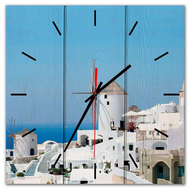 Настенные часы Мельница Санторини 30х30 голубого цвета