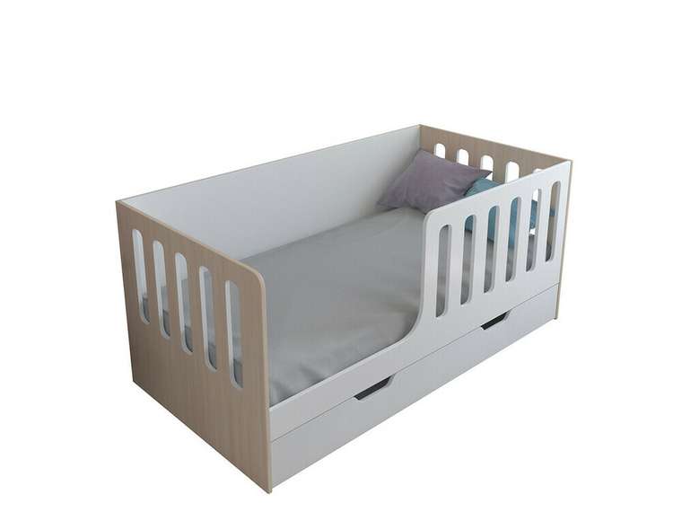 Кроватка Астра 12 80x160 цвета Дуб молочный-белый с выдвижным ящиком 