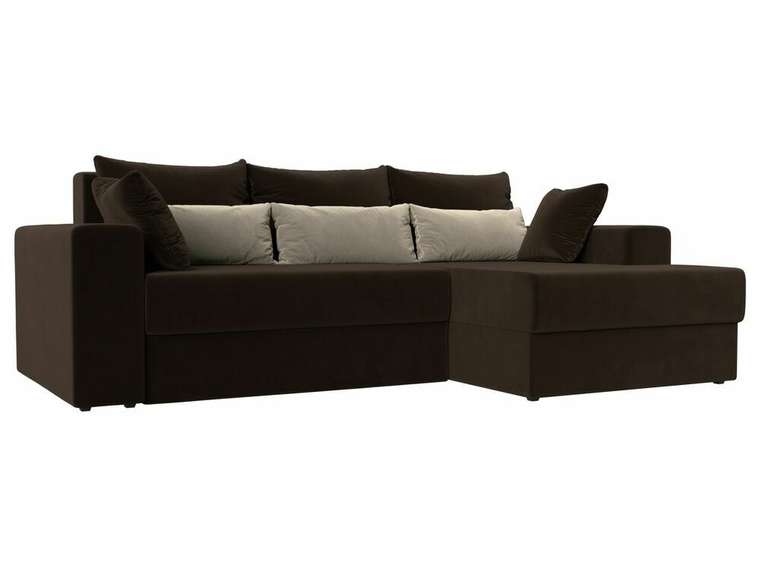 Угловой диван-кровать Майами коричневого цвета с бежевыми подушками правый угол