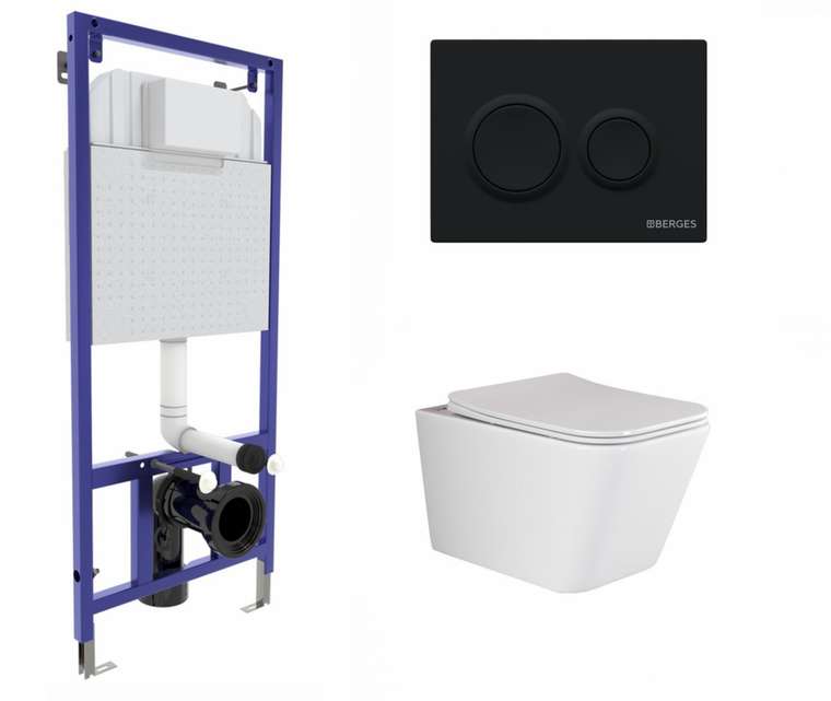 Комплект 3 в 1 инсталляция Berges Novum O5 + Унитаз подвесной Ceramica Nova Metric Rimless CN3007 с кнопкой черной
