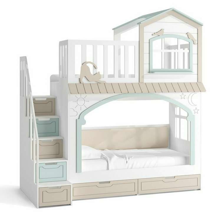 Кровать Кошкин дом 90х180 бело-голубого цвета с лестницей слева