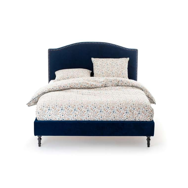 Кровать из велюра с отделкой заклепками с кроватным основанием Andante 160x200 синего цвета