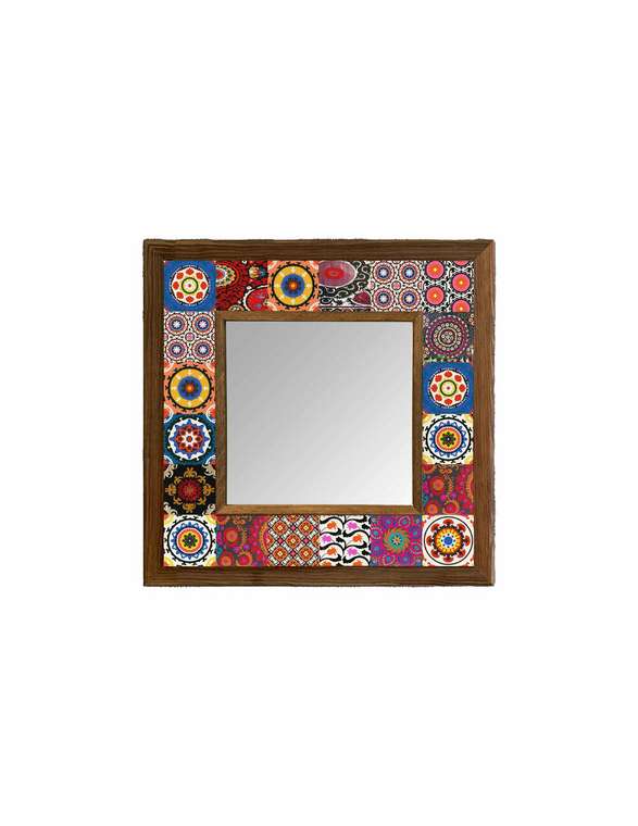 Настенное зеркало 33x33 с каменной мозаикой розово-синего цвета
