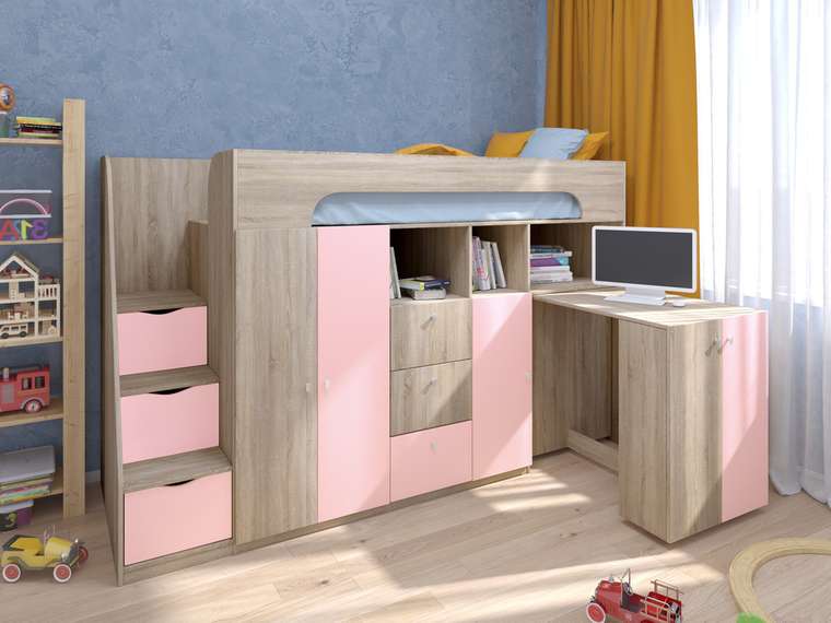 Кровать-чердак Астра 11 80х190 цвета Дуб Сонома-розовый