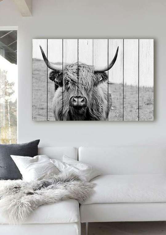 Картина на дереве Шотландская корова 40х60 см