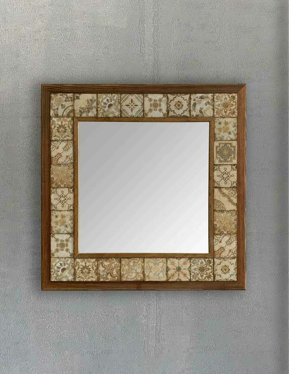 Настенное зеркало 43x43 с каменной мозаикой бежевого цвета
