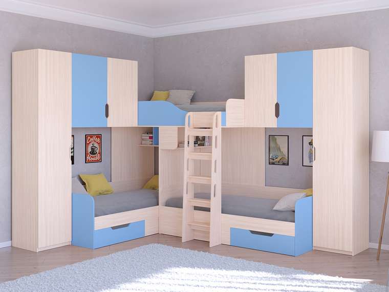 Двухъярусная кровать Трио 3 80х190 цвета Дуб молочный-голубой