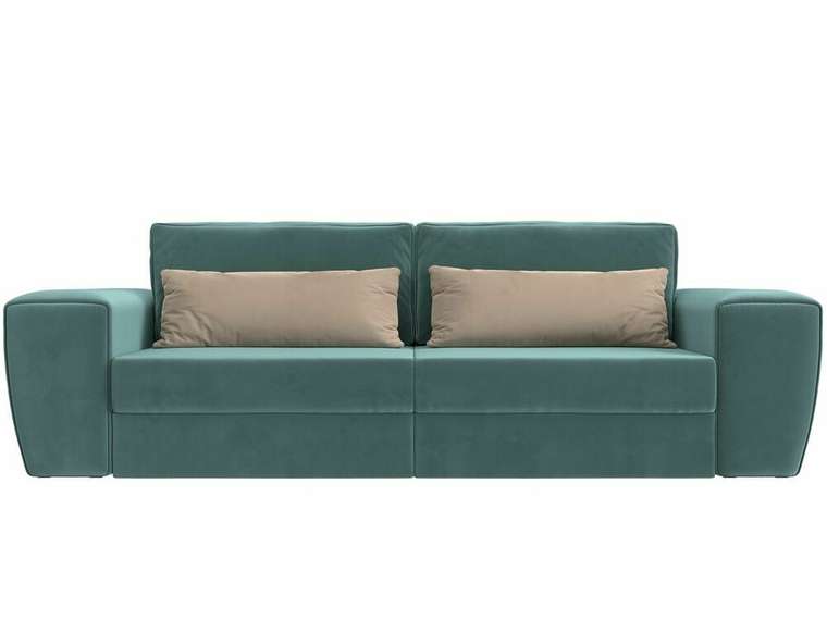 Прямой диван-кровать Лига 008 бирюзового цвета с бежевыми подушками