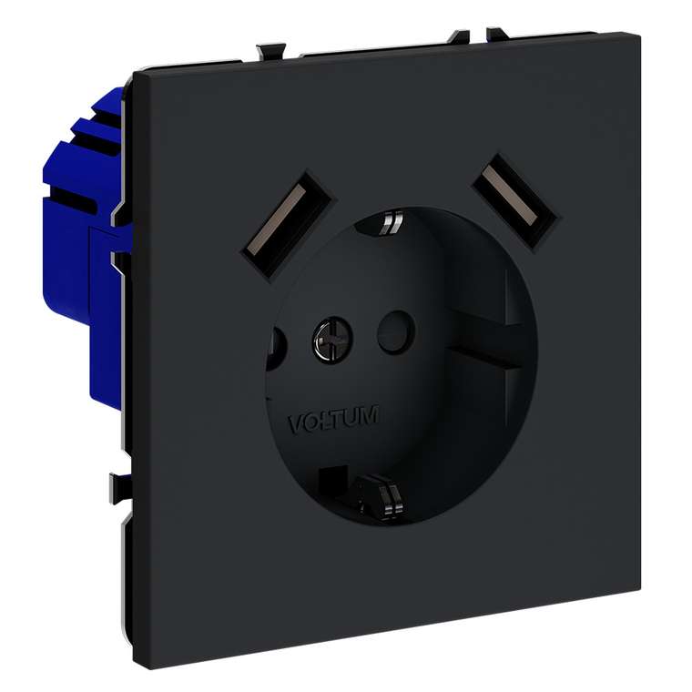 Розетка встраиваемая VOLTUM S70 с заземлением и защитными шторками, 16А, с USB, A+A, (графит)