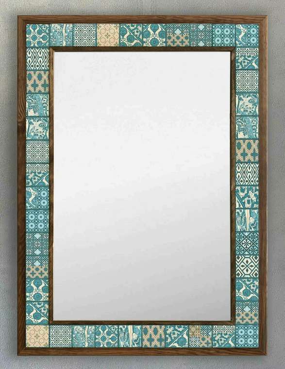 Настенное зеркало 53x73 с каменной мозаикой бирюзово-бежевого цвета