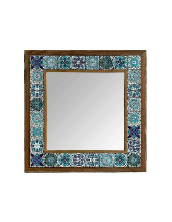 Настенное зеркало 43x43 с каменной мозаикой сине-голубого цвета