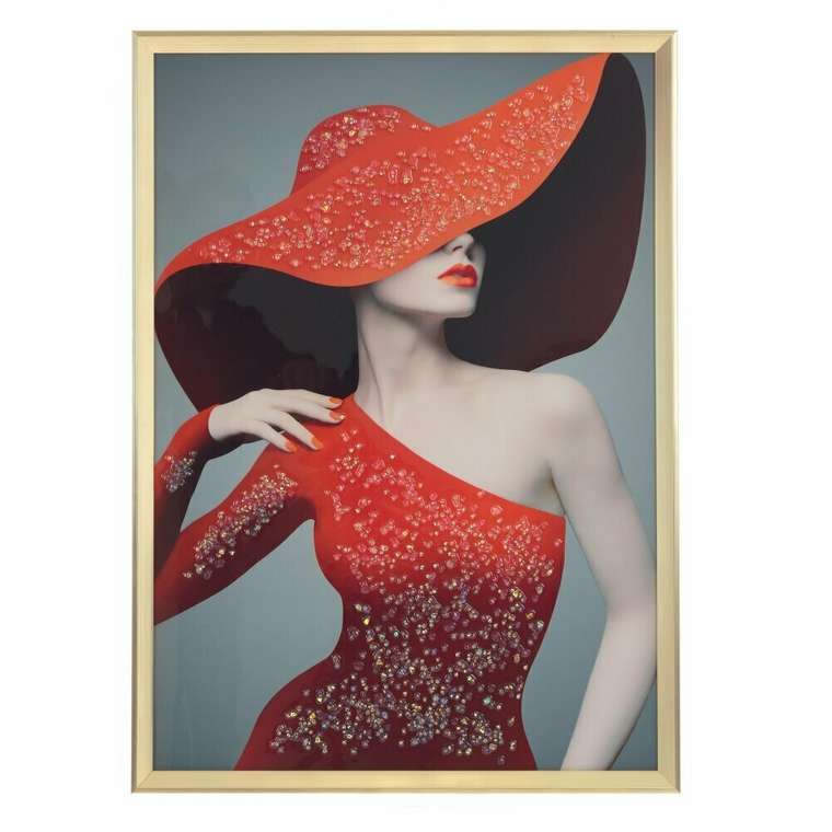 Панно Девушка в красной шляпе 51х71 серо-красного цвета