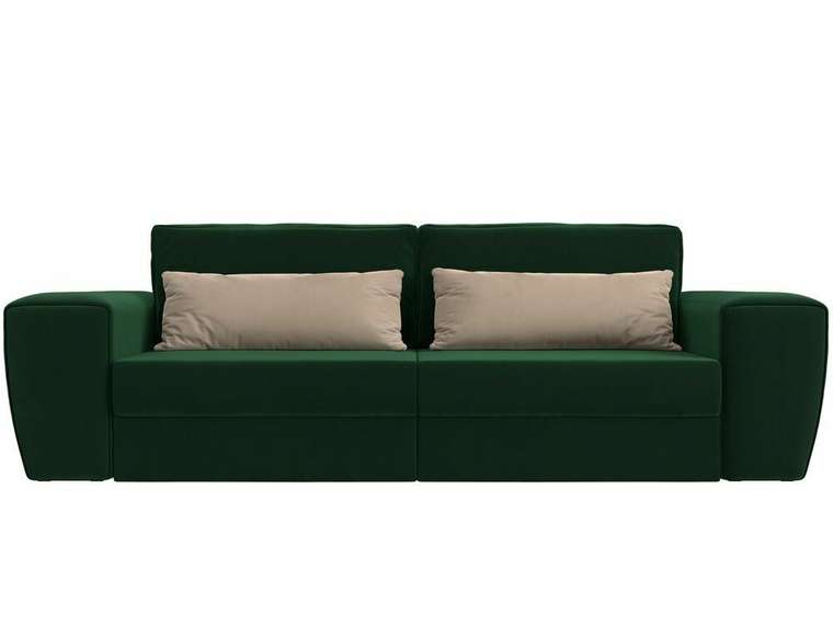 Прямой диван-кровать Лига 008 зеленого цвета с бежевыми подушками