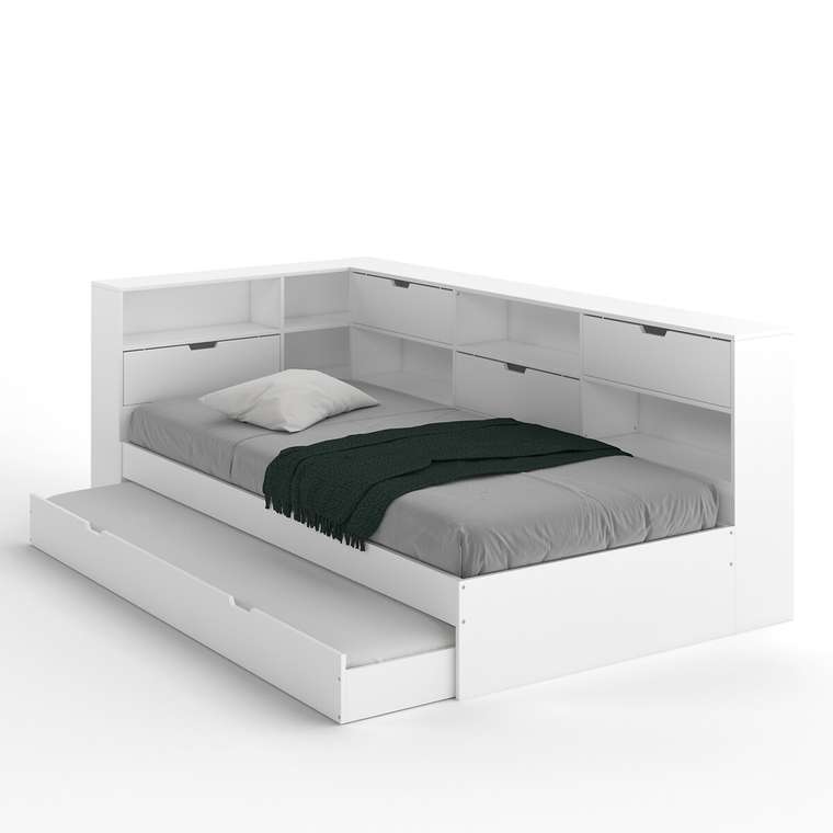 Кровать с ящиком отделениями для вещей и кроватным основанием Yann 90x190 белого цвета