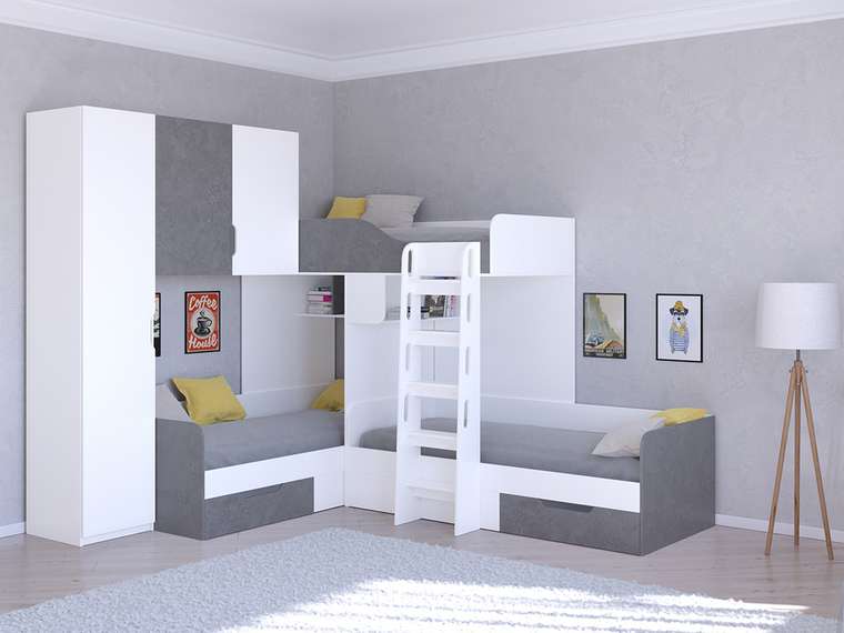 Двухъярусная кровать Трио 1 80х190 цвета Железный камень-белый