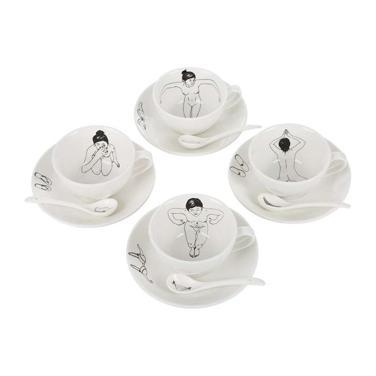 Набор из четырех чайных пар Undressed set из фарфора белого цвета