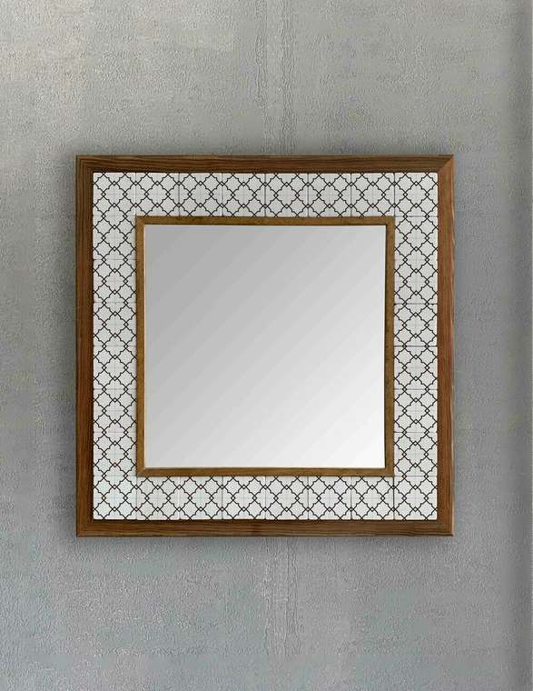Настенное зеркало с каменной мозаикой 43x43 бело-коричневого цвета
