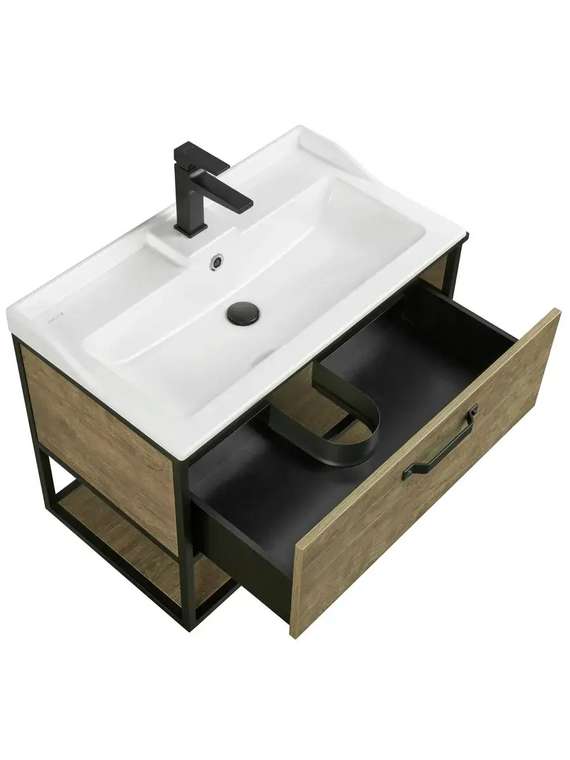 Подвесная тумба с раковиной Лофт Фабрик 80 черно-бежевого цвета