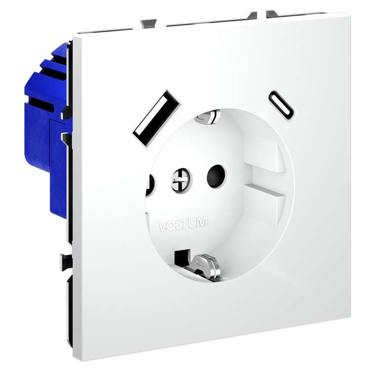 Розетка встраиваемая VOLTUM S70 с заземлением и защитными шторками, 16А, с USB, A+С, (белый матовый)