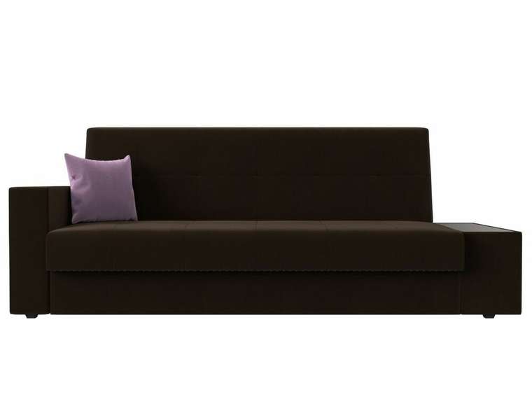 Диван-кровать Лига 020 темно-коричневого цвета с подушкой сиреневого цвета и столиком справа 