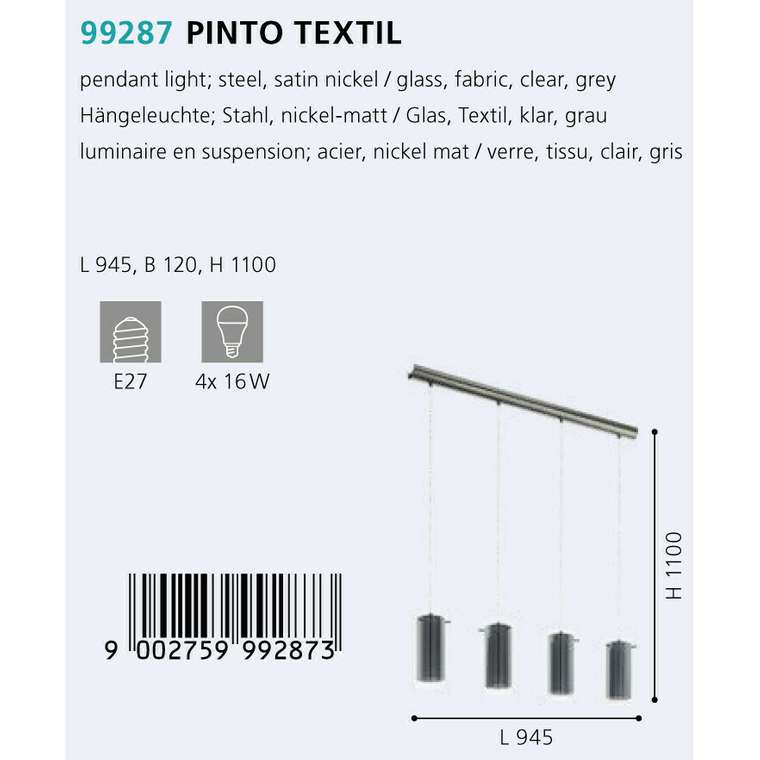 Подвесная люстра Pinto Textil цвета никель