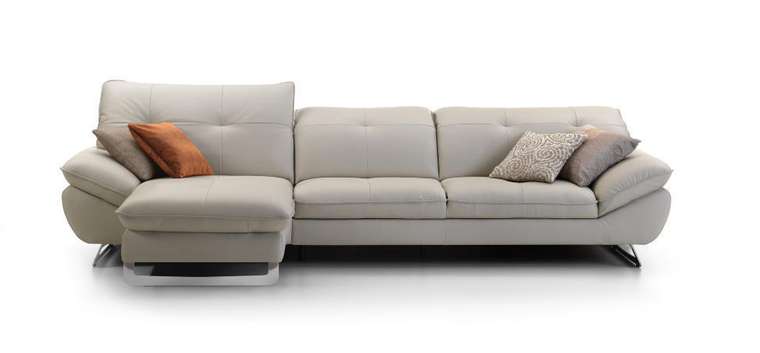 Угловой кожаный диван с кушеткой Trinidad светло-серого цвета