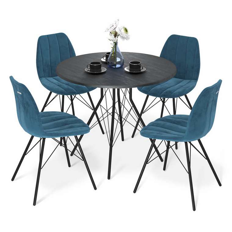 Обеденная группа из стола и четырех стульев синего цвета