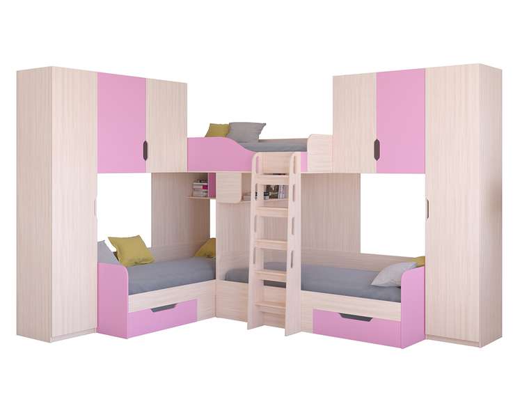 Двухъярусная кровать Трио 3 80х190 цвета Дуб молочный-розовый