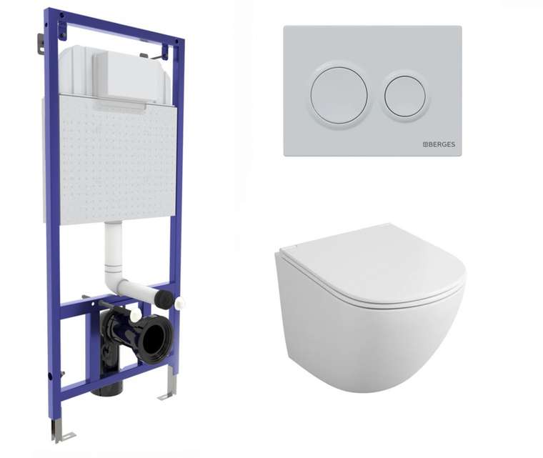 Комплект 3 в 1 инсталляция Berges Novum O4 + Подвесной унитаз Owl 1975 Cirkel-H OWLT190302 с кнопкой белой