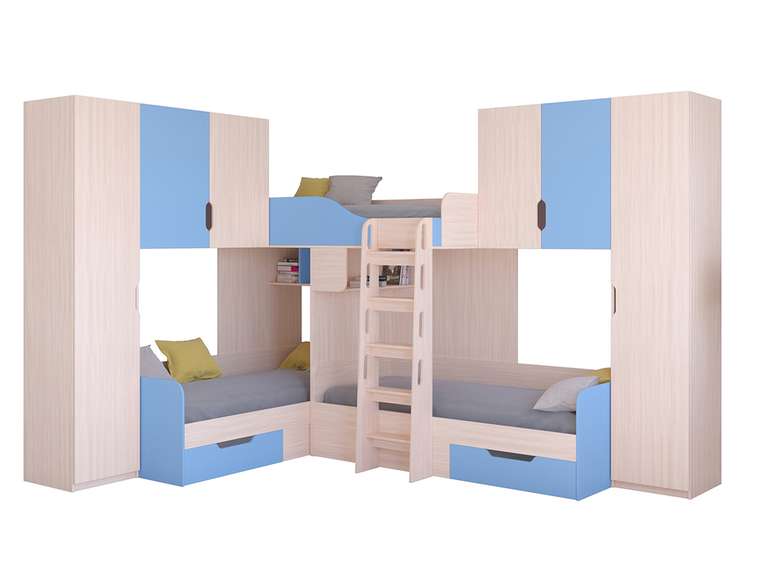 Двухъярусная кровать Трио 3 80х190 цвета Дуб молочный-голубой