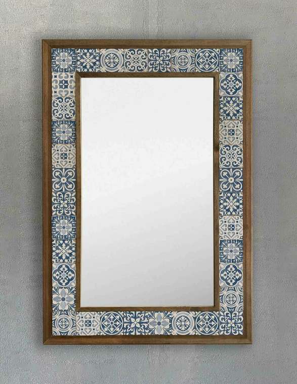 Настенное зеркало 43х63 с каменной мозаикой бело-синего цвета