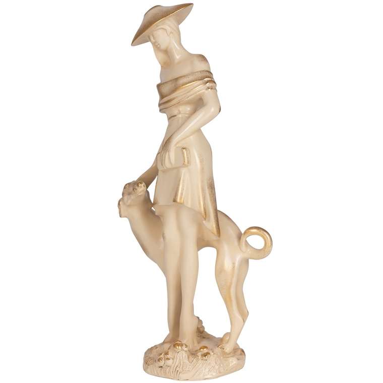 Скульптура Девушка с собакой кремово-золотого цвета