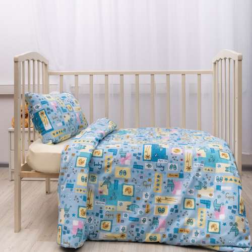 КПБ 'Карамелька' детский ясельный с трикотажной простыней 60х120х20, 100 % хлопок, 'Коляски (голубой)'