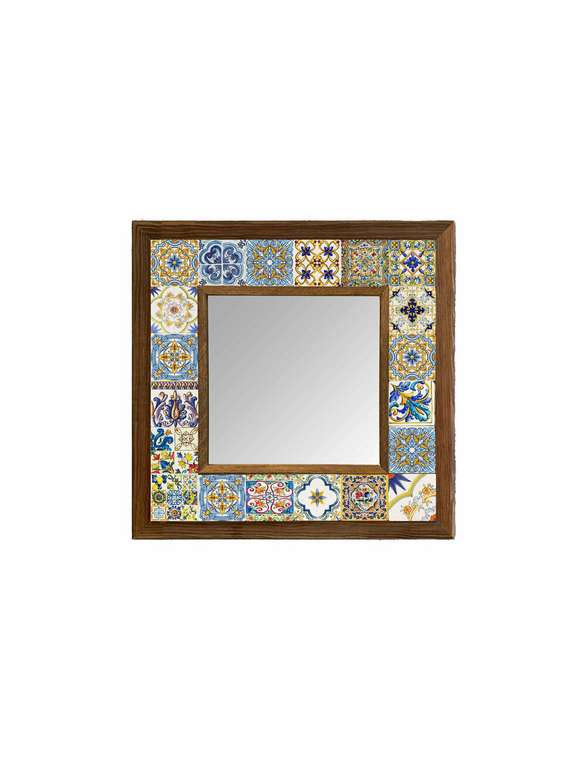 Настенное зеркало 33x33 с каменной мозаикой бежево-голубого цвета