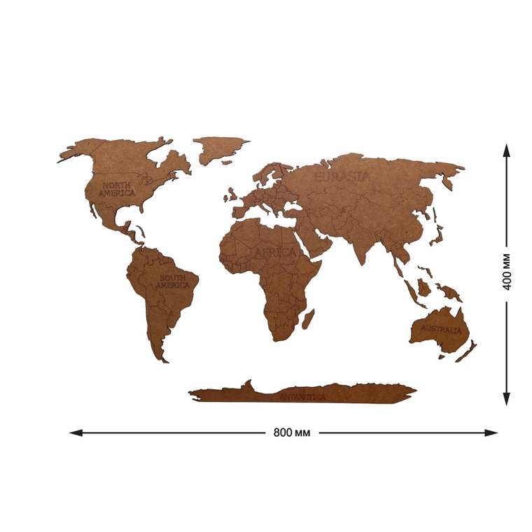 Деревянная карта мира Continent Еdition с гравировкой материков коричневого цвета