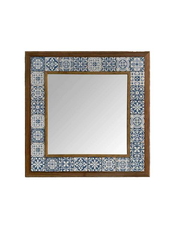 Настенное зеркало 43x43 с каменной мозаикой бело-синего цвета
