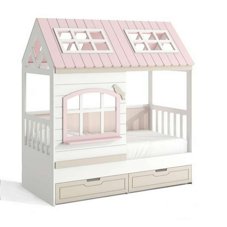 Кровать Кошкин дом 80х160 бело-розового цвета правая