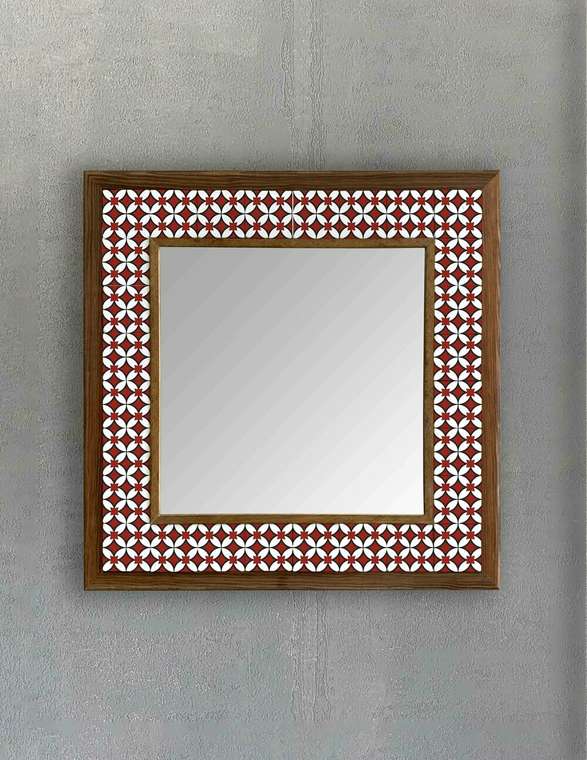 Настенное зеркало 43x43 с каменной мозаикой бело-красного цвета