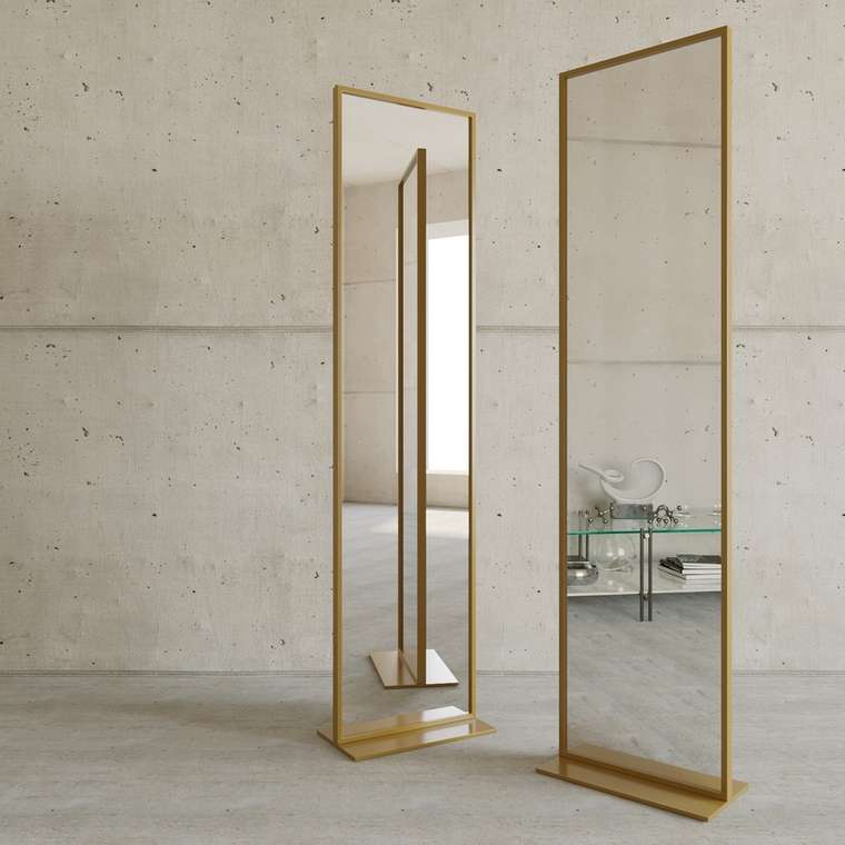 Дизайнерское напольное двухстороннее зеркало Zeliso-ll в металлической раме золотого цвета