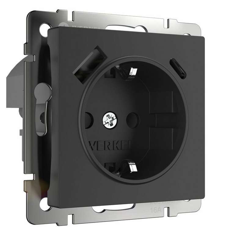Розетка с заземлением, шторками и USB тип A+C черный W1171708