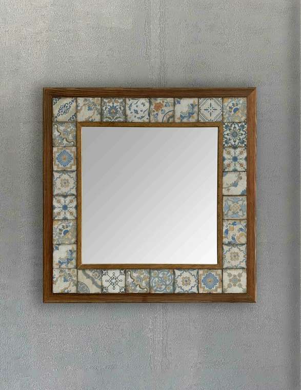 Настенное зеркало 43x43 с каменной мозаикой бежево-синего цвета