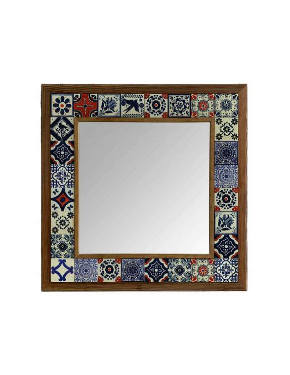 Настенное зеркало 43x43 с каменной мозаикой бежево-синего цвета