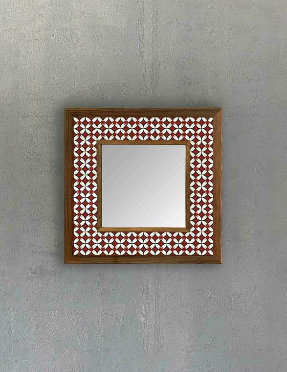 Настенное зеркало 33x33 с каменной мозаикой бело-красного цвета
