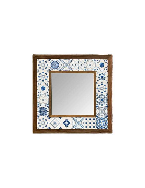 Настенное зеркало с каменной мозаикой 33x33 в раме бело-синего цвета