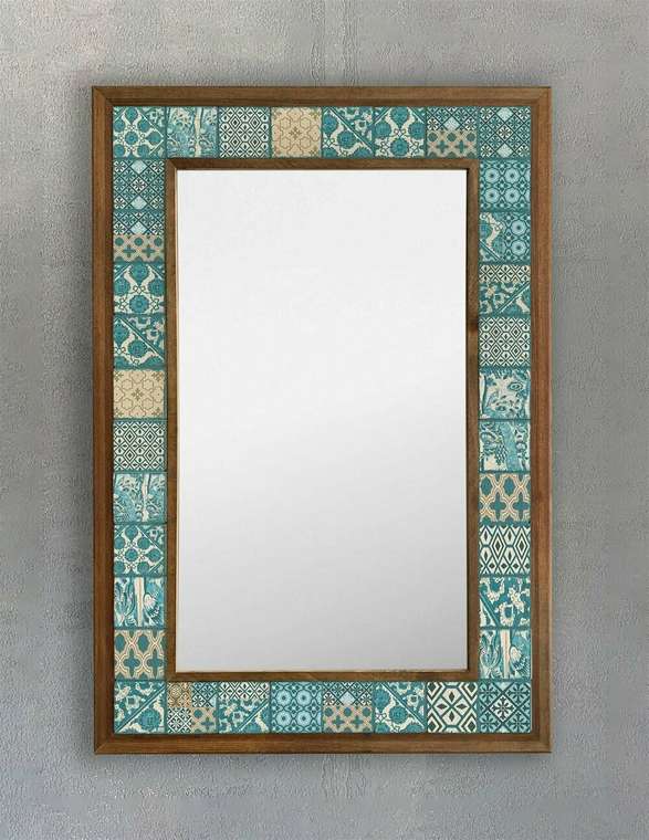 Настенное зеркало 43х63 с каменной мозаикой бирюзово-бежевого цвета