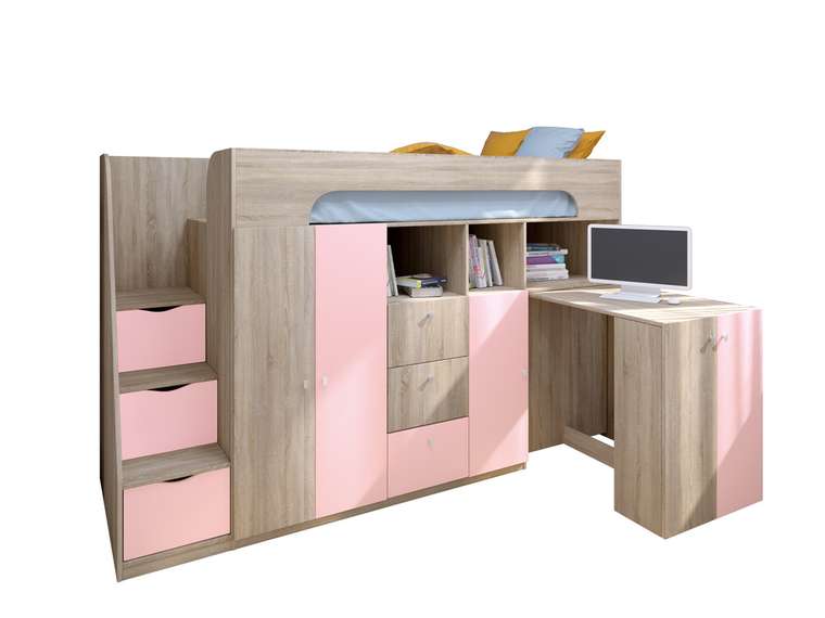 Кровать-чердак Астра 11 80х190 цвета Дуб Сонома-розовый