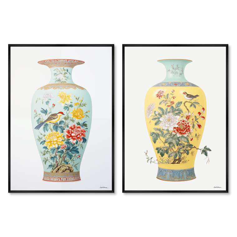 Набор из двух репродукций картин China porcelain vase, light colors, 2024г.