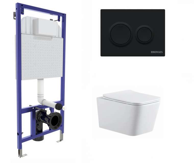 Комплект 3 в 1 инсталляция Berges Novum O5 + Подвесной унитаз SinteSi BALTI с кнопкой черной